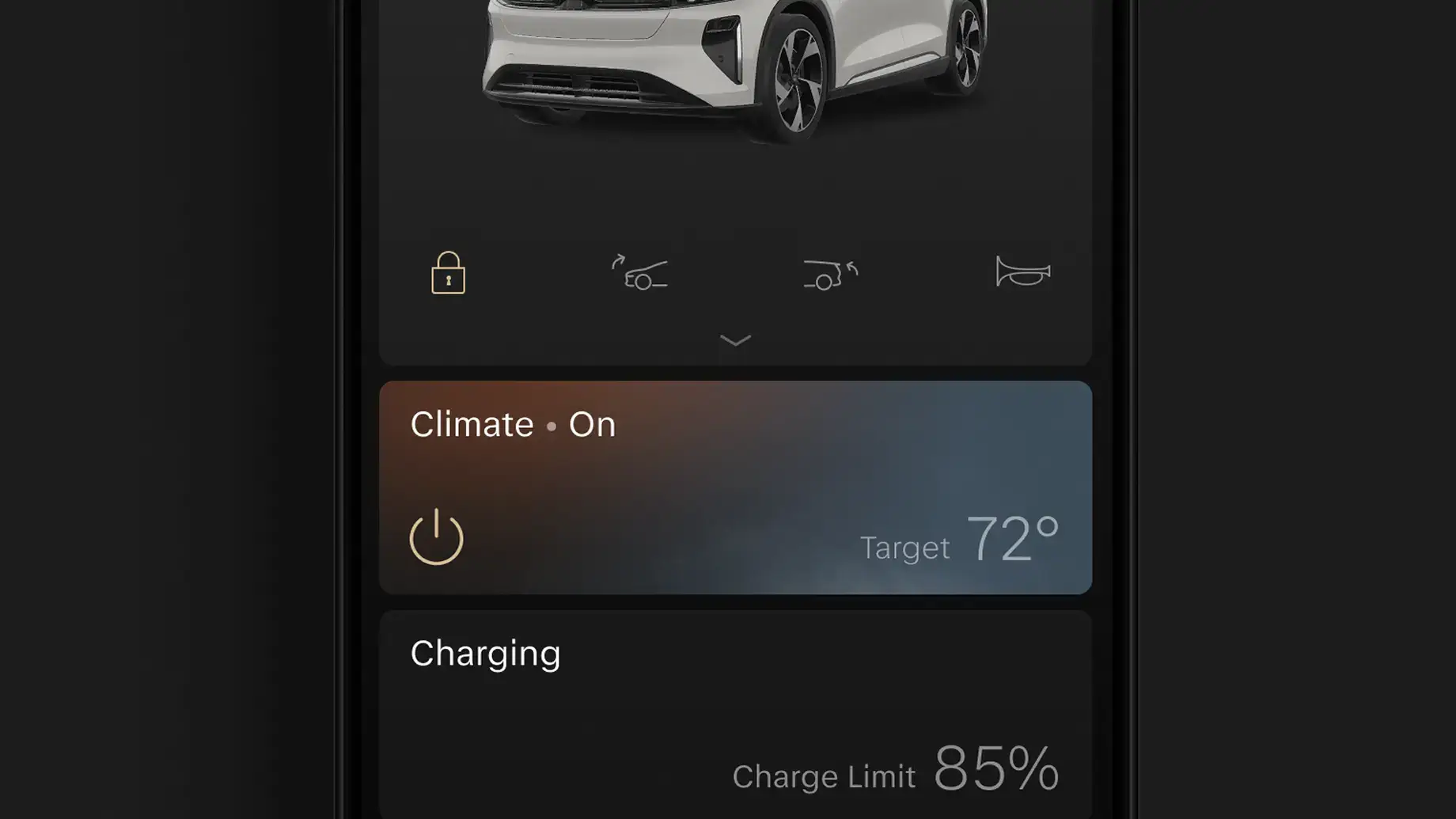 Mobile app screen showing a white electric SUV with climate set to 72° and charging limit at 85%.