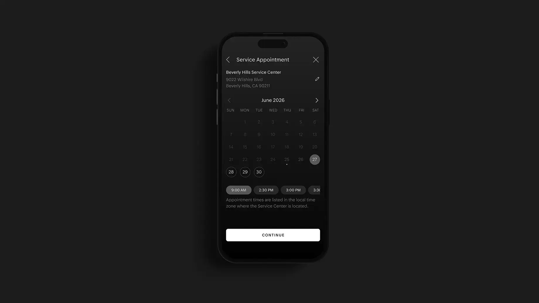 A dark-themed mobile app screen showing a Service Appointment scheduler with a June 2026 calendar and time slot options.