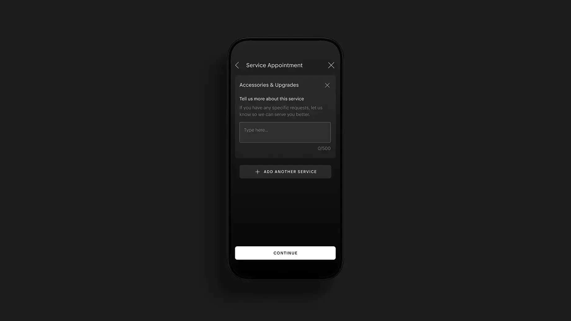 Smartphone displaying a dark-themed Service Appointment app screen with an Accessories & Upgrades form and a Continue button.