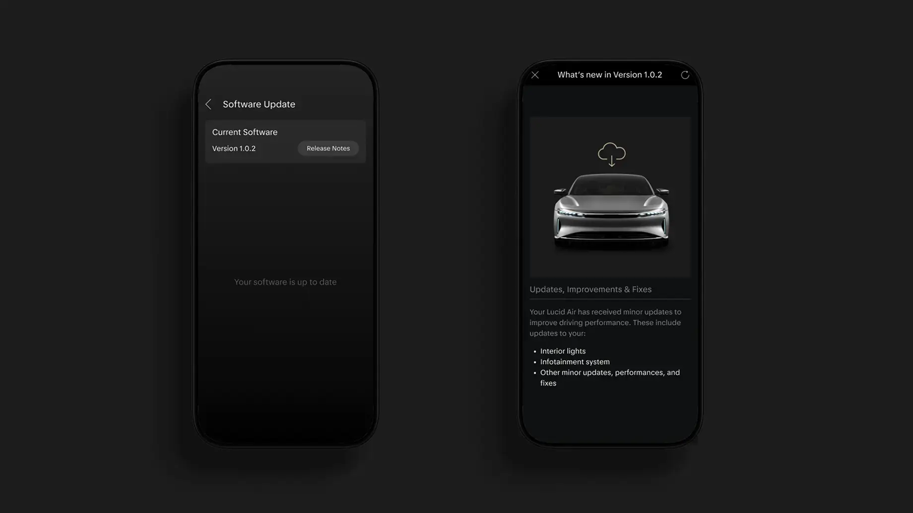 Two dark-themed smartphone screens showing a Lucid Air app's Software Update page and Version 1.0.2 release notes.