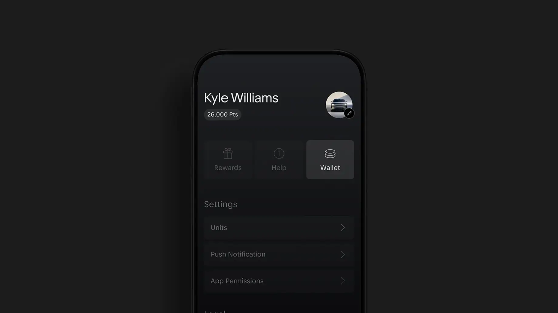 Dark-themed mobile app profile screen showing user "Kyle Williams" with 26,000 points, Wallet tab selected, and Settings options.