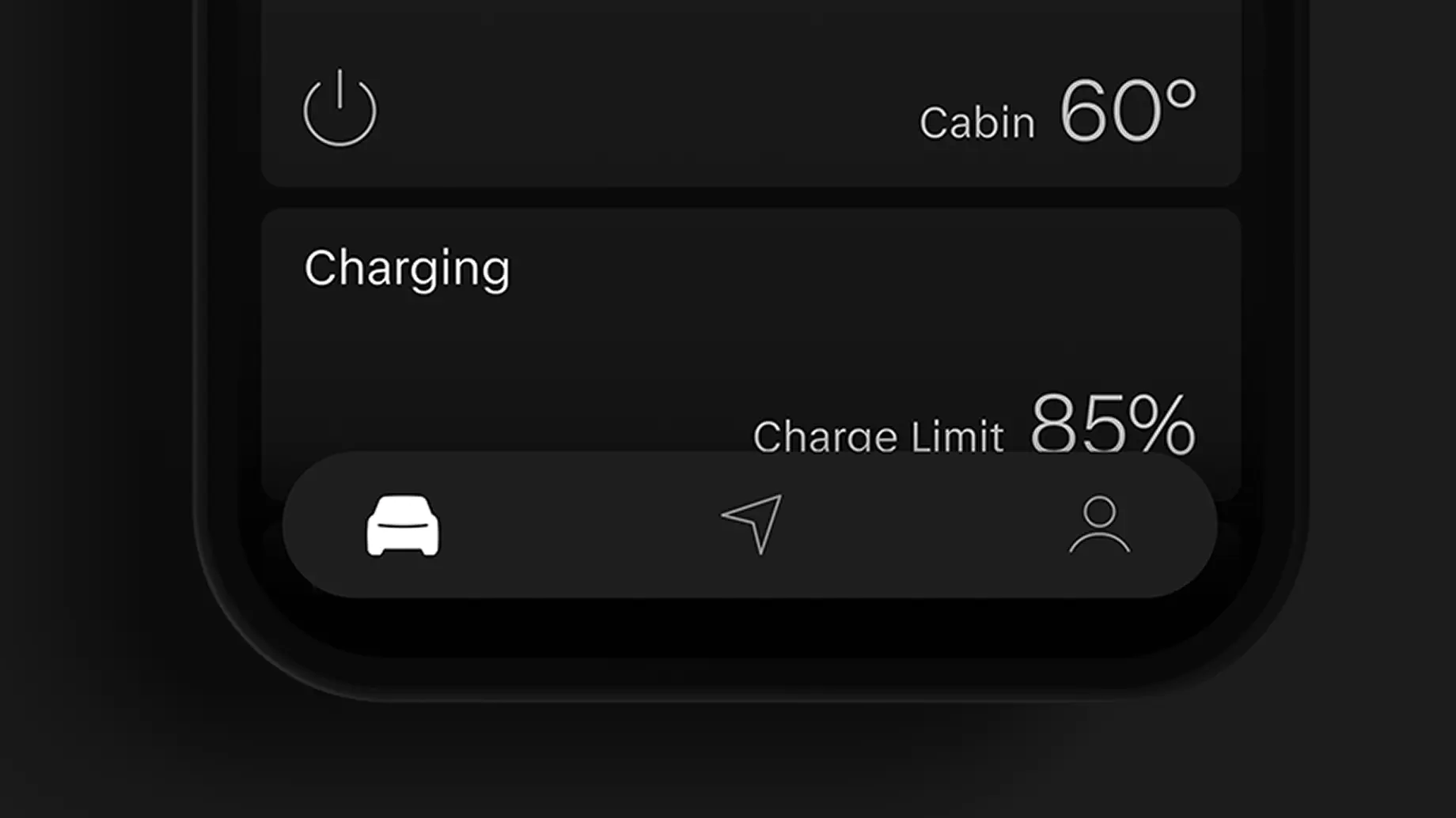 Dark-themed EV mobile app screen showing Climate Off, cabin temp 60°, and Charging with an 85% charge limit.