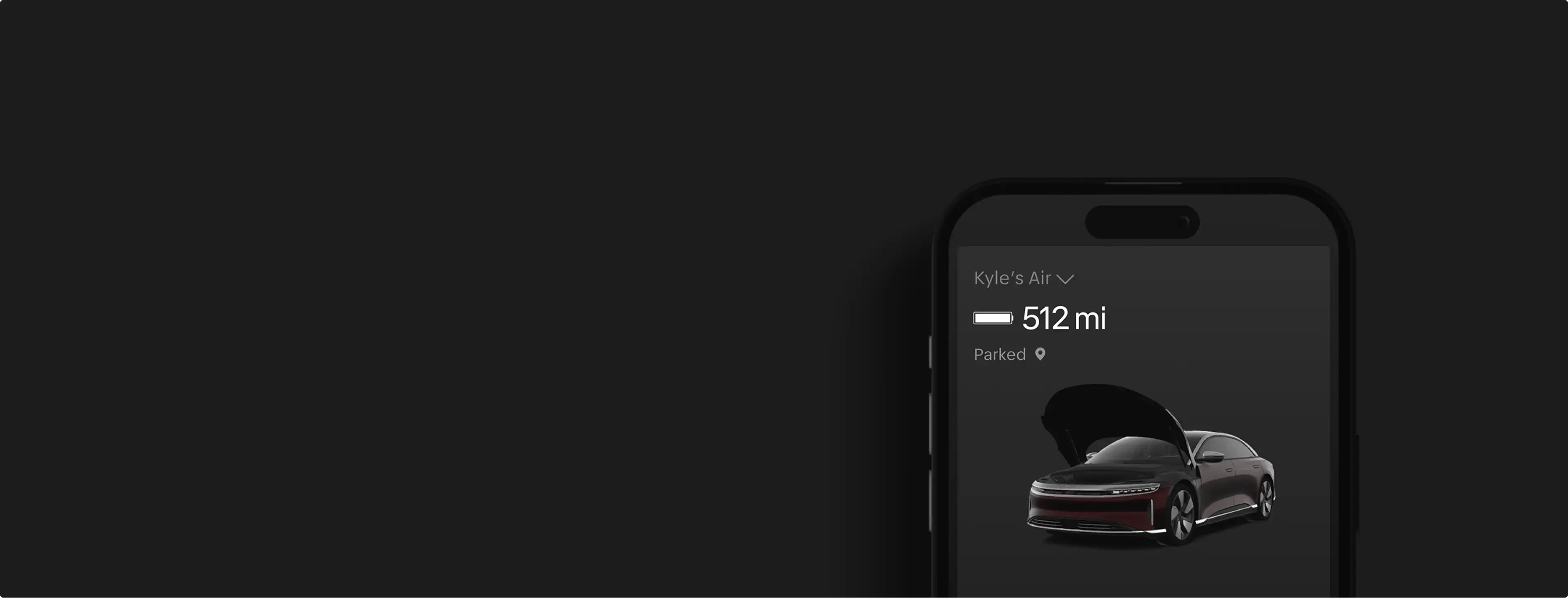 Smartphone displaying a Lucid Air app screen showing 512 mi range, parked status, and a dark red car with hood open.