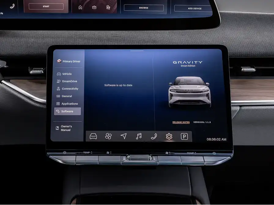 Lucid Gravity Dream Edition touchscreen displaying software settings menu with "Software is up to date" and version 1.1.3.