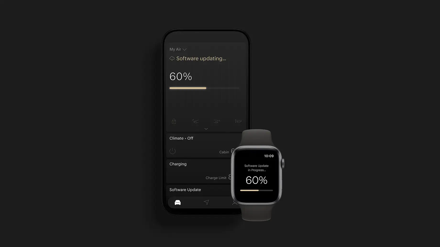 Smartphone and Apple Watch displaying a car app showing a software update at 60% progress on dark screens.
