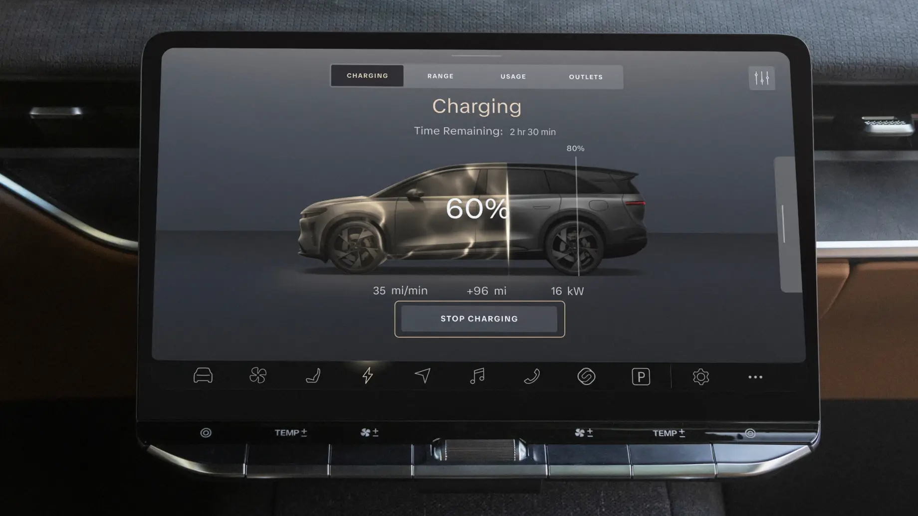 EV touchscreen display showing charging status at 60%, 2 hours 30 minutes remaining, with a "Stop Charging" button.