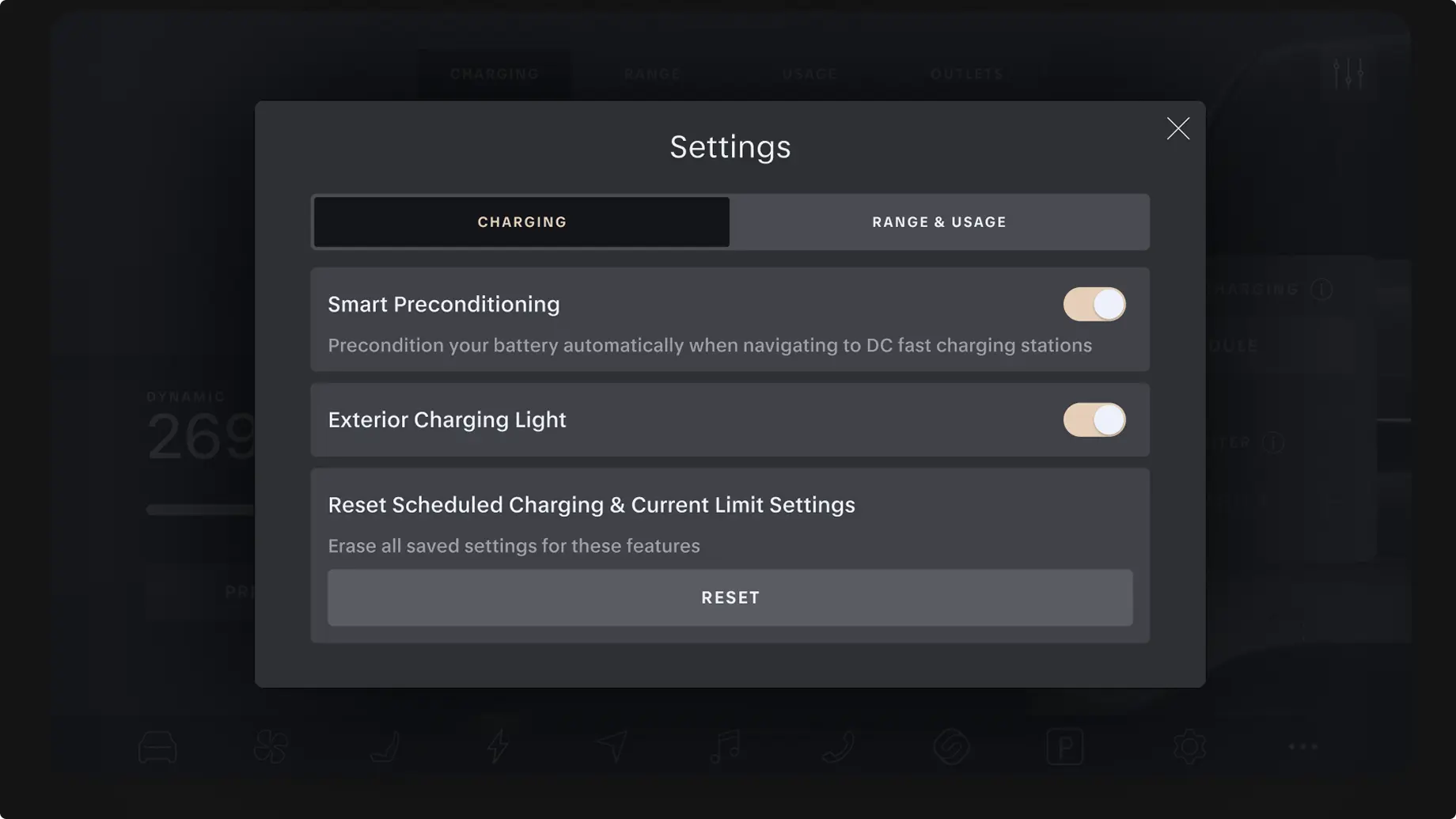 Electric vehicle charging settings menu showing Smart Preconditioning and Exterior Charging Light options with toggle switches.