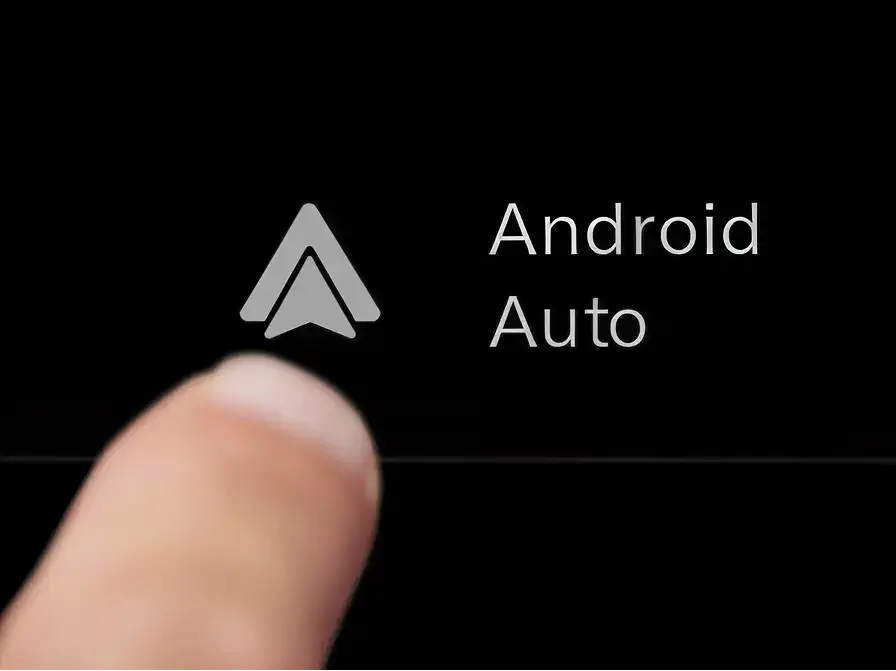 Android Auto interface with upward arrow navigation icon and a finger about to tap the screen on a dark background.