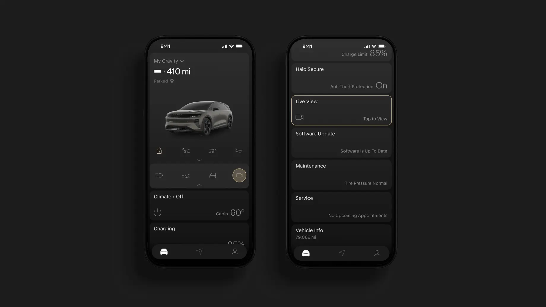 Two smartphone screens showing the Lucid Mobile app interface with vehicle status and security features on dark mode.