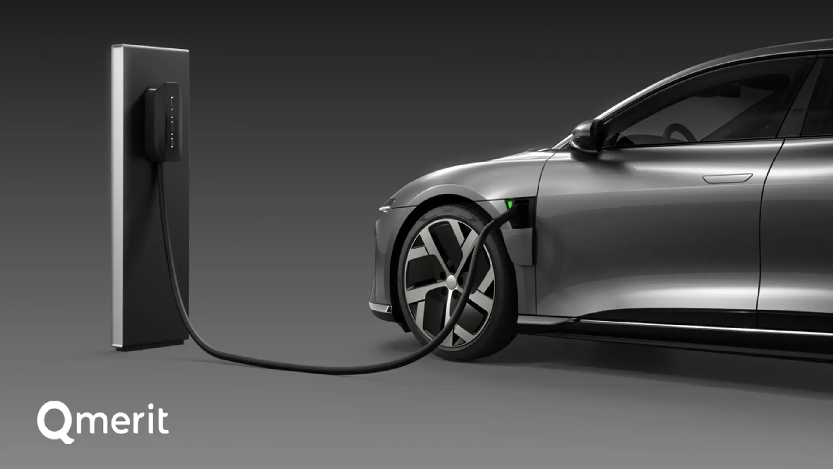 Silver electric car connected to a charging station against a gray background, with Qmerit logo in bottom corner.