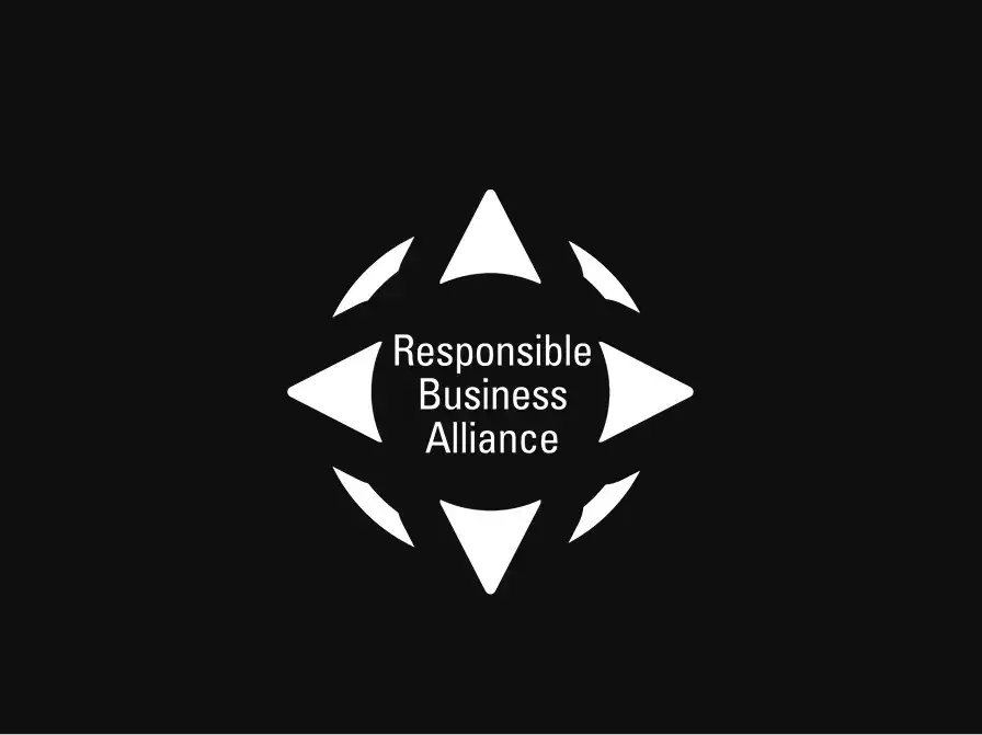 Responsible Business Alliance logo in white on a black background, featuring arrows pointing outward in four directions.