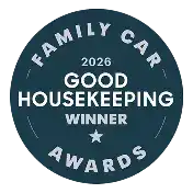 Dark teal circular badge for "Good Housekeeping 2026 Family Car Awards Winner" with star icon