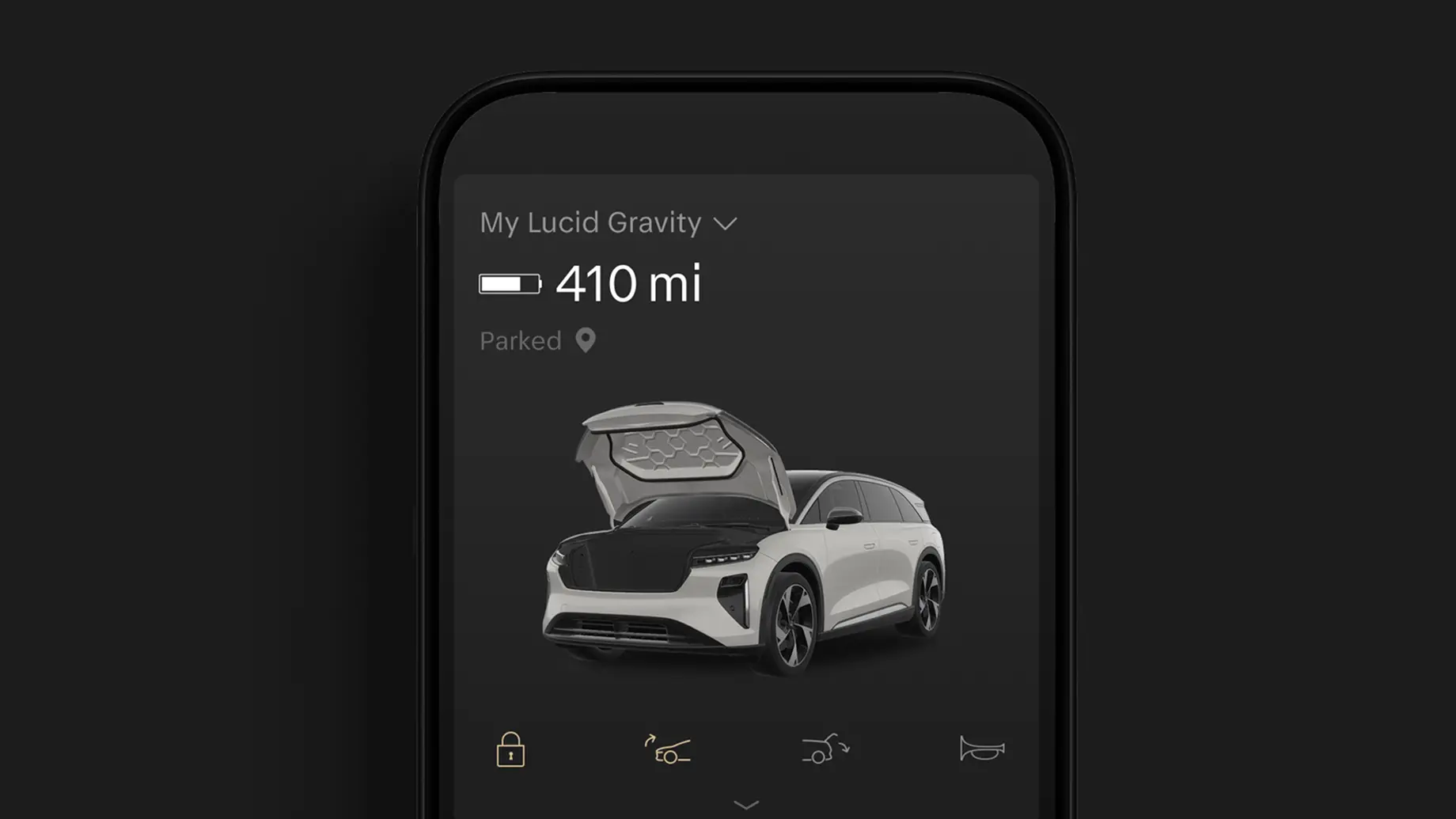 Lucid app on a smartphone showing a Lucid Gravity SUV with open frunk, 410-mile range, and parked status.