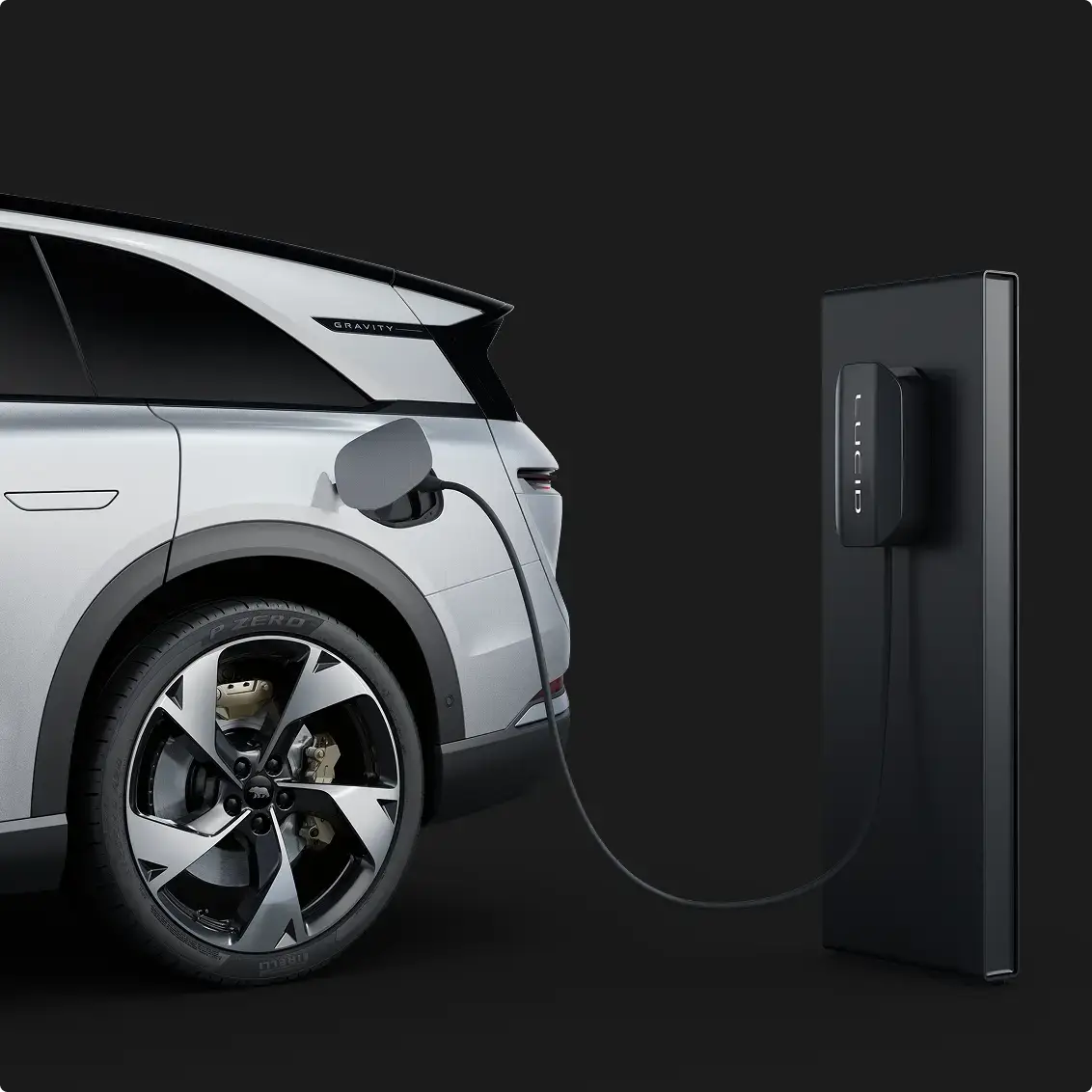 A Lucid connected home charging station plugged into the Gravity.