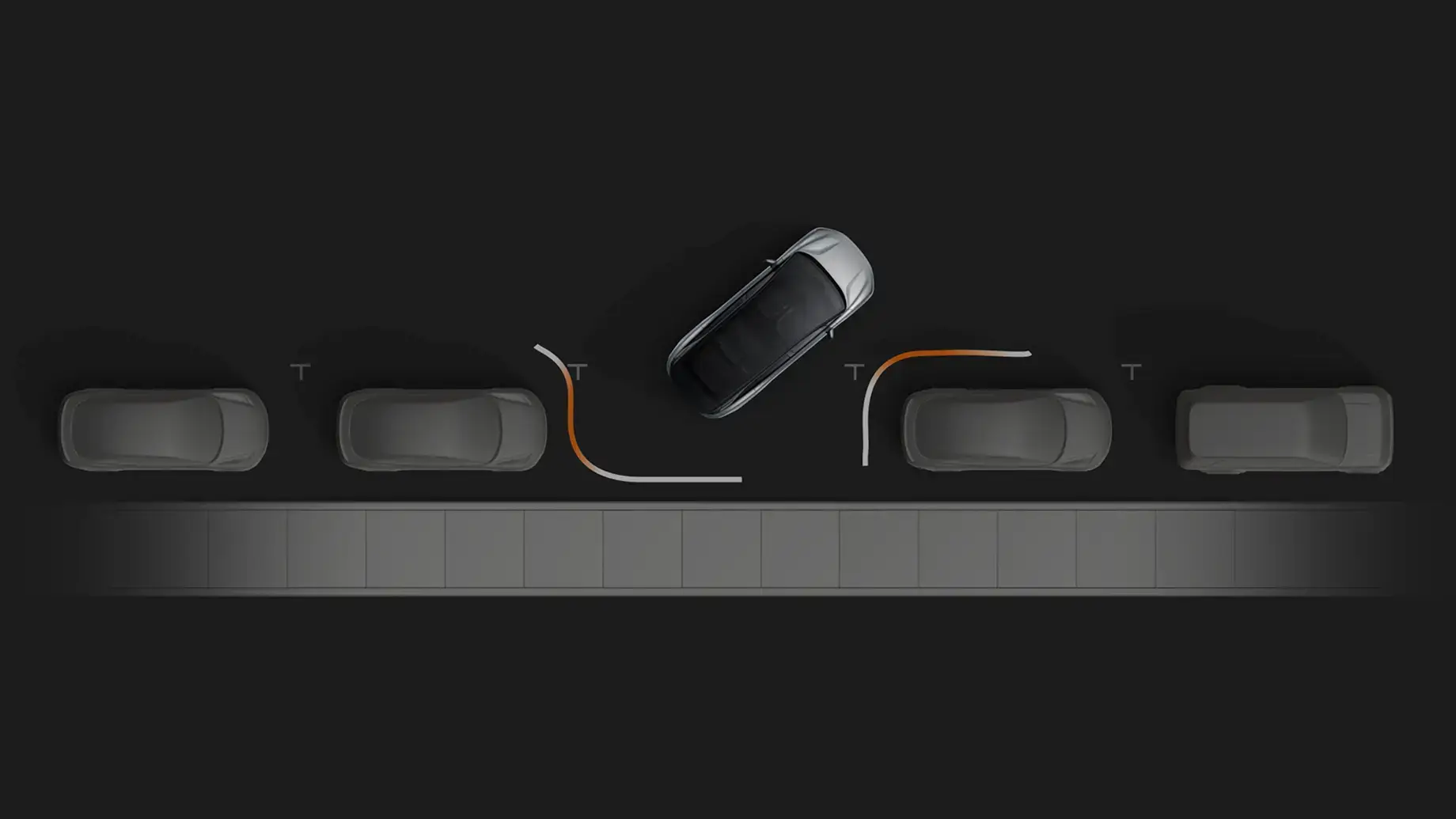 Overhead diagram showing a car parallel parking between vehicles, with orange and white guide lines indicating the parking path.