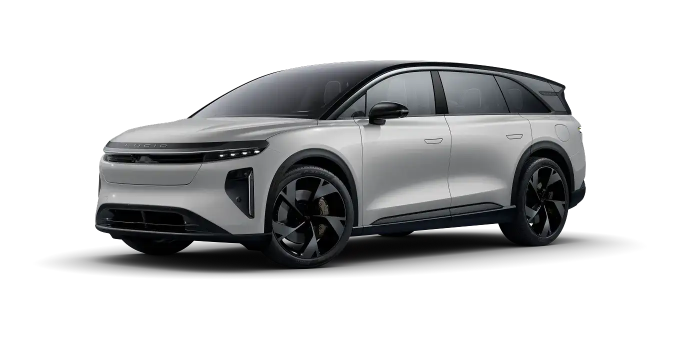 Lucid Gravity SUV with sleek design, black roof, and distinctive black turbine-style wheels against white background.