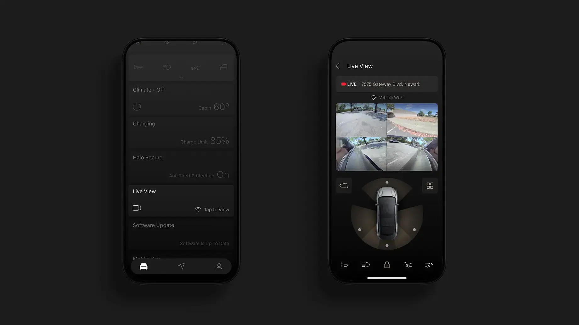 Two smartphones displaying a dark-themed car app with climate, charging, and Live View camera features.