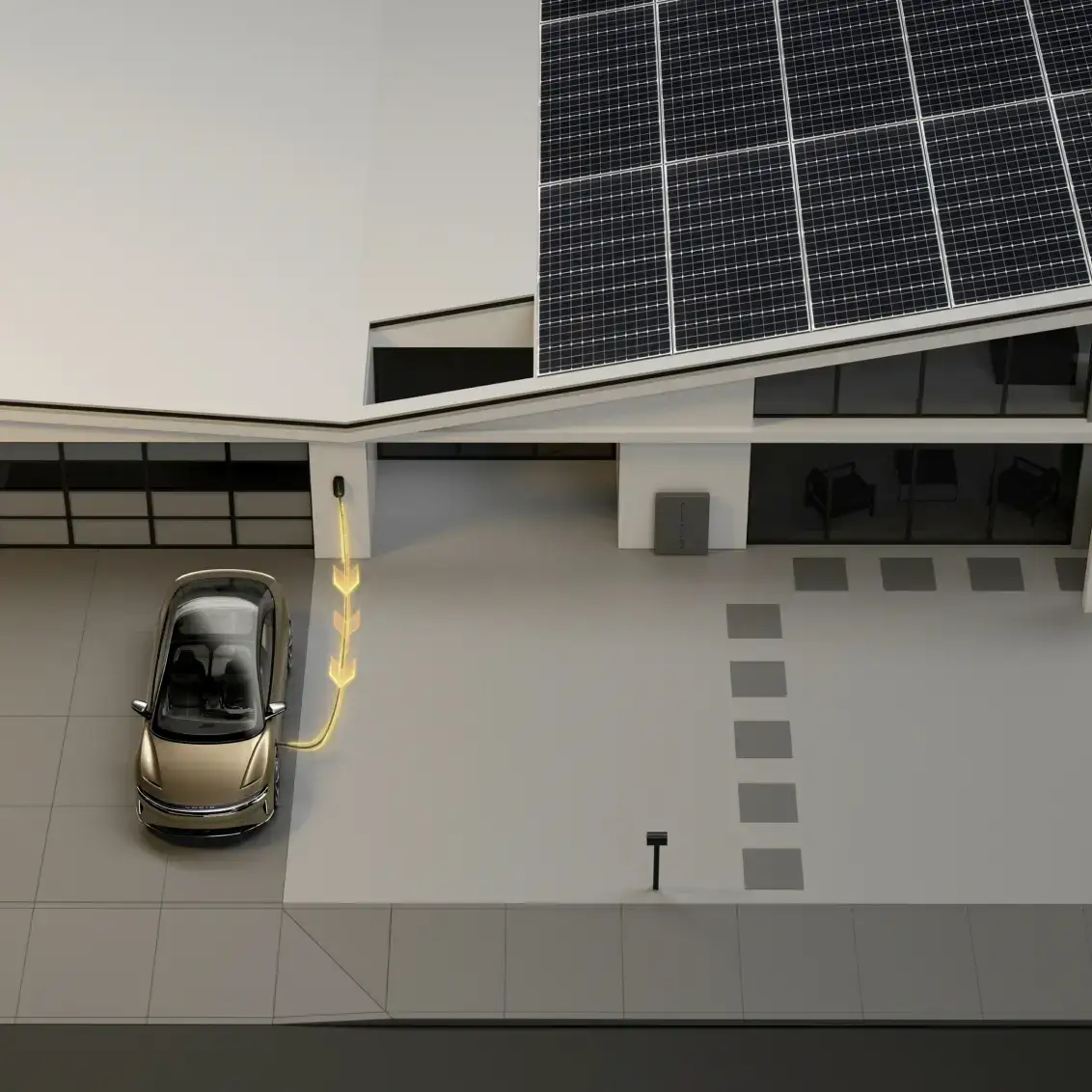 An aerial view of a Lucid®极速赛车168体彩数据公开查询平台 Air is charging outside of a home.