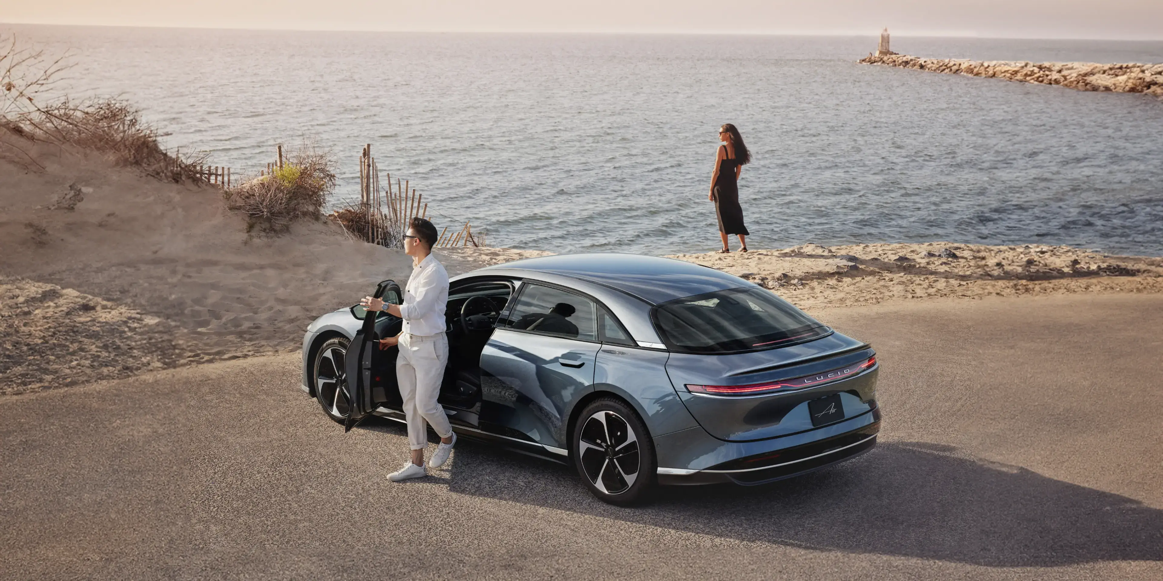 Two Lucid Gravity parked in the California desert