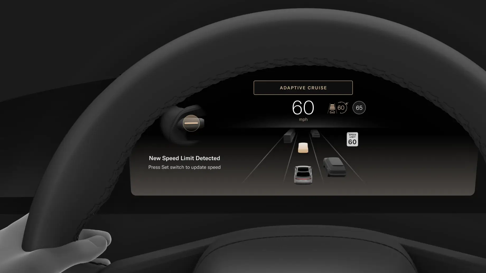 Vehicle dashboard display showing adaptive cruise control at 60 mph with new speed limit detected notification.
