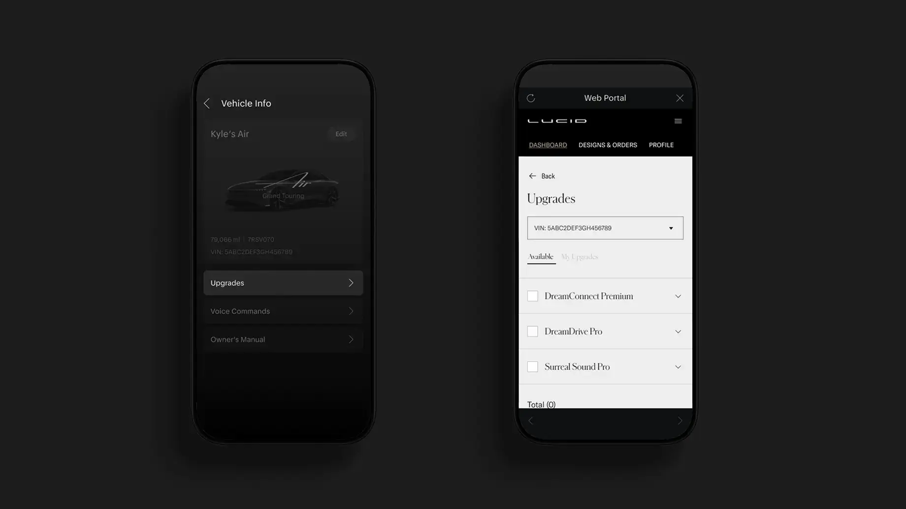 Two smartphones displaying Lucid Motors app screens: Vehicle Info with upgrades menu and a Web Portal upgrades selection page.