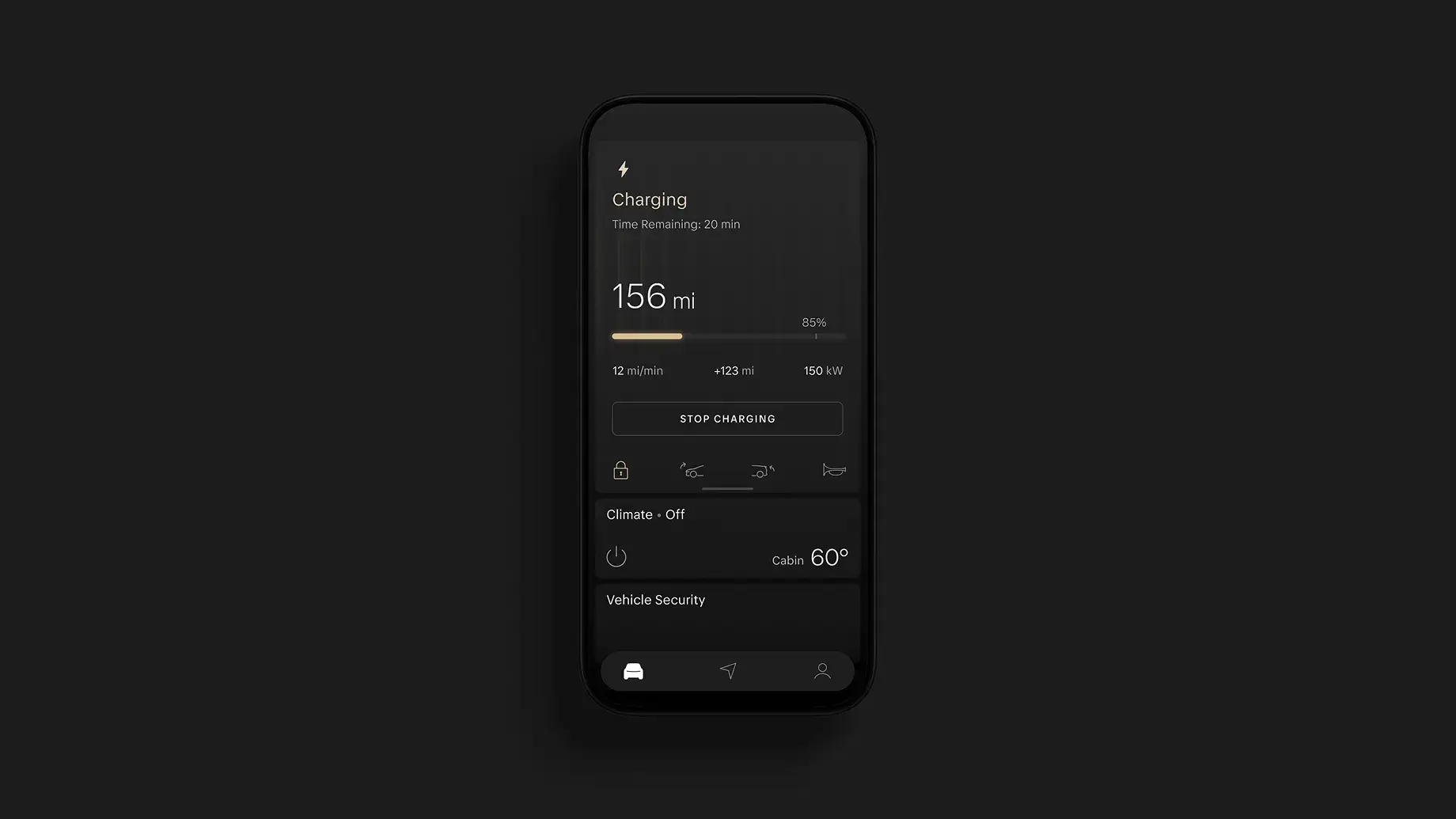Dark-themed EV mobile app showing charging status: 156 mi range, 85% battery, 20 min remaining, with a Stop Charging button.