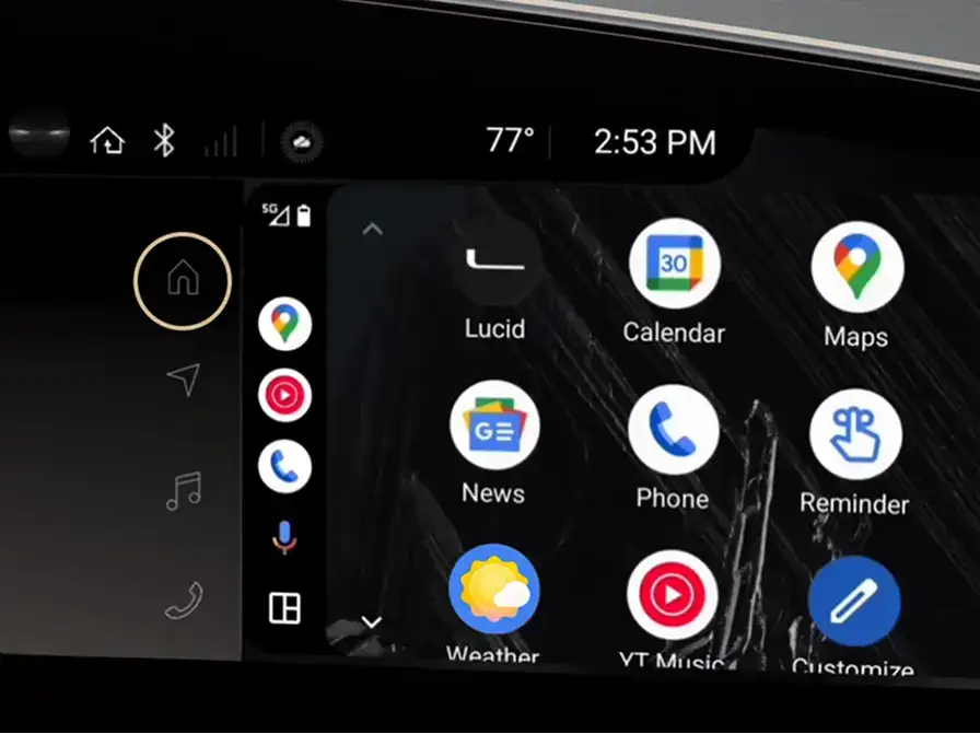 Car dashboard display showing Apple CarPlay interface with Phone, Music, Maps, and Podcasts apps at 76 degrees.