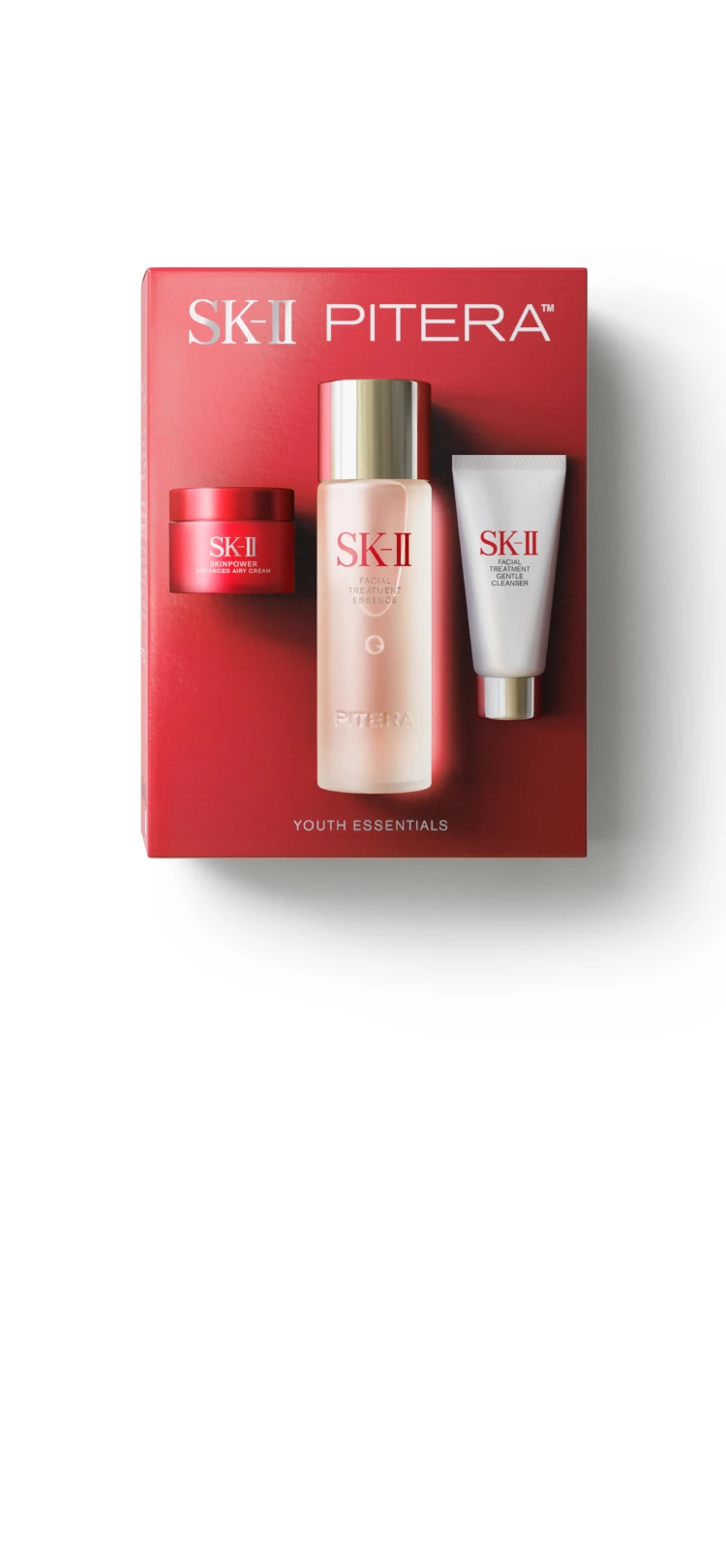 เซ็ตผลิตภัณฑ์สกินแคร์ SK-II ประกอบด้วยเอสเซนส์ เคลนเซอร์ และครีมที่มี PITERA™ ช่วยผสาน SKINPOWER ให้ผิวหน้ากระจ่างใส