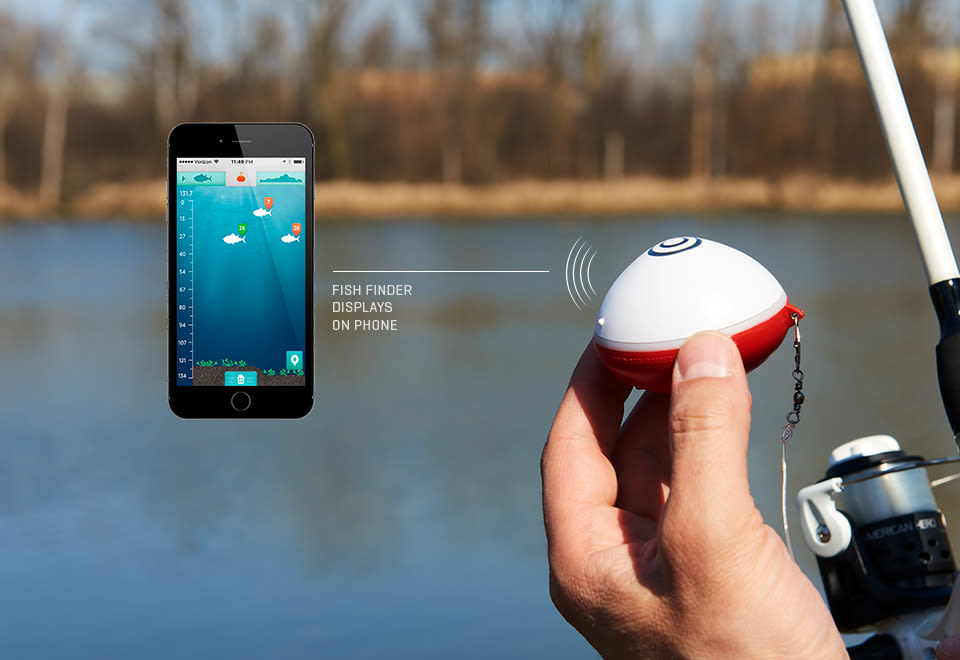 A graphic showing a hand holding a red and white fish finding device and a black phone