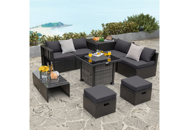 9 Pieces Outdoor Furniture Set with Fire Table
