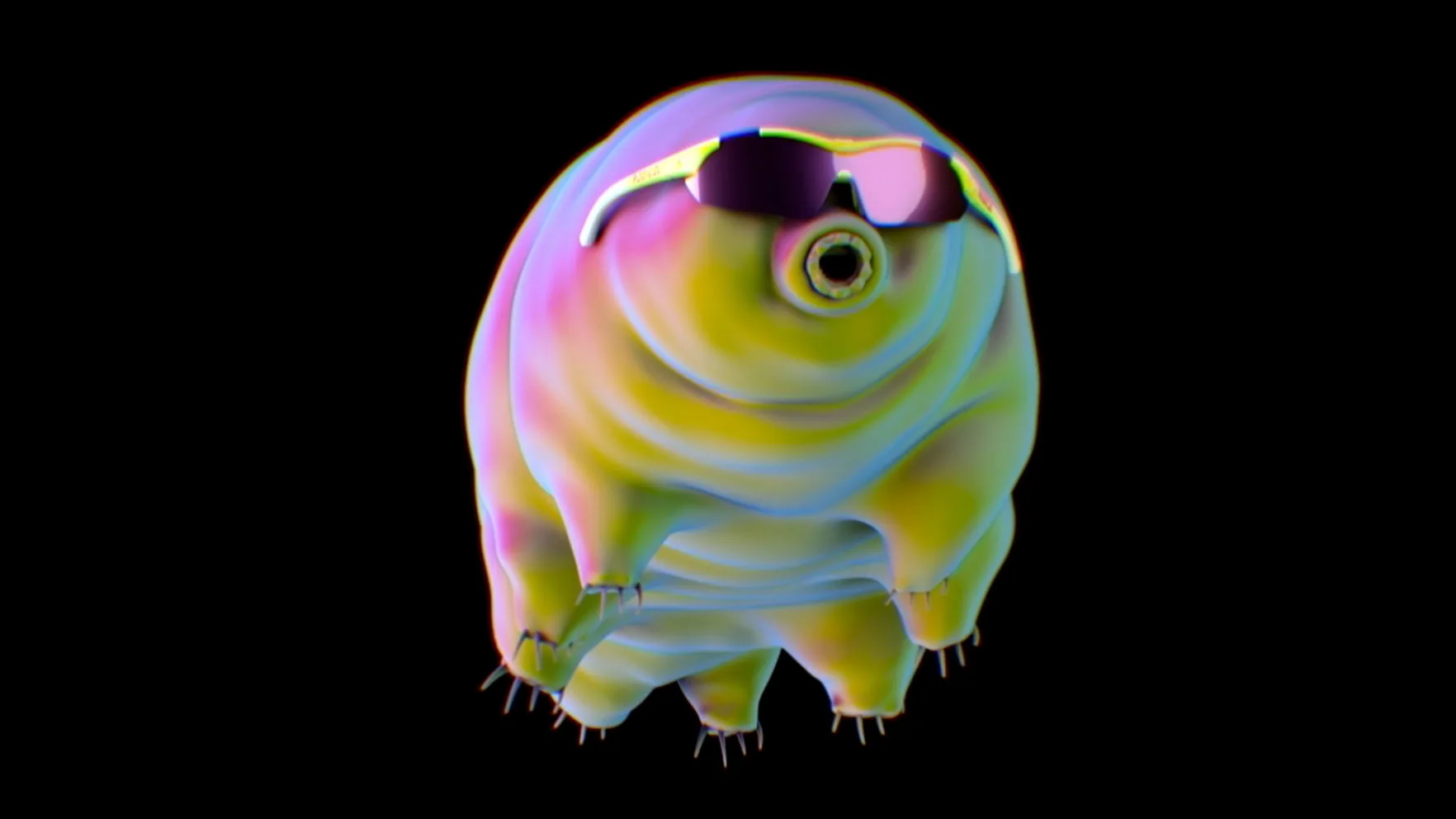 A cute and luminous waterbear with lots of legs, wearing sunglasses.