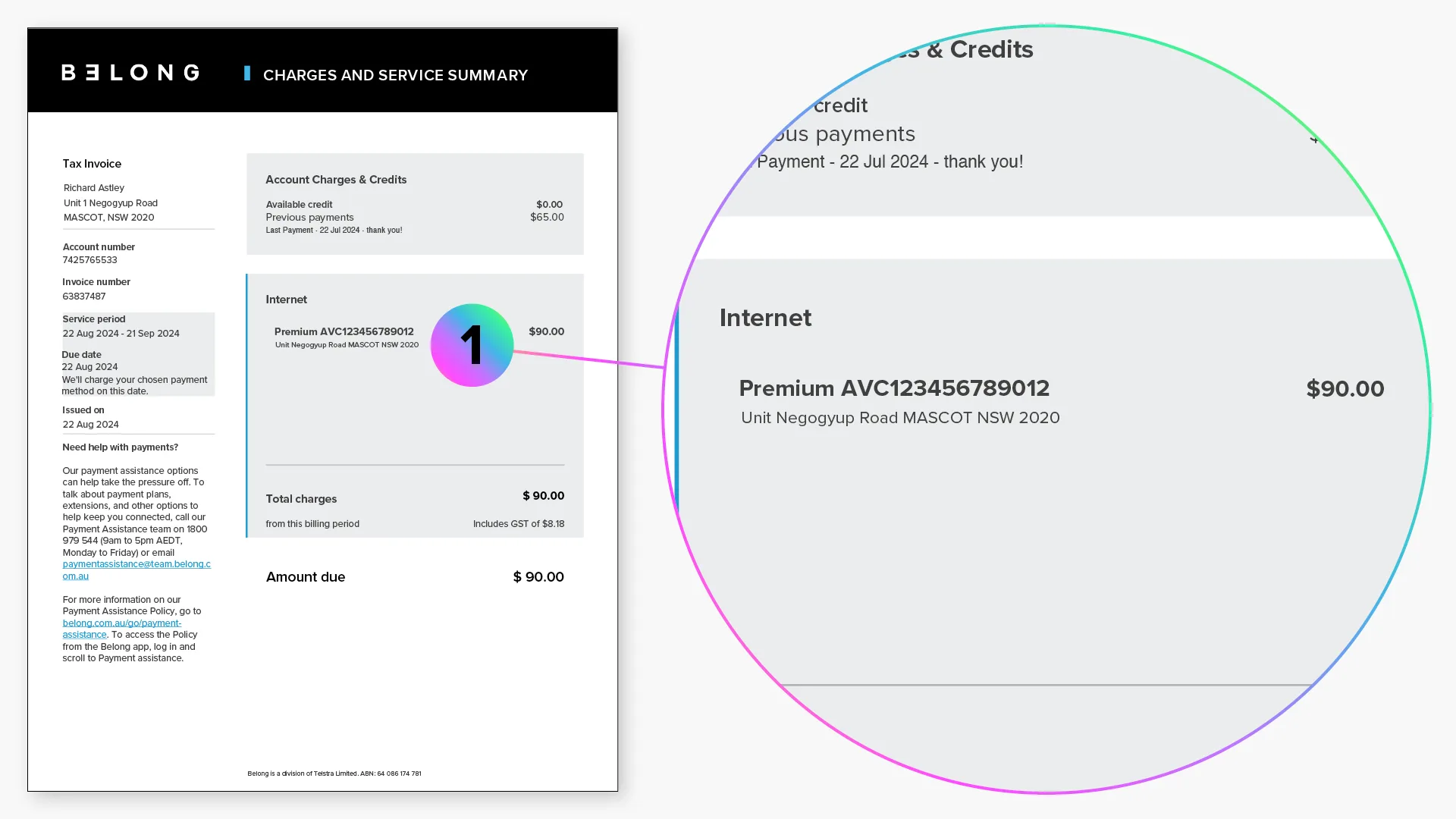 The 1st section of your Invoice lists all services charged for the service period.