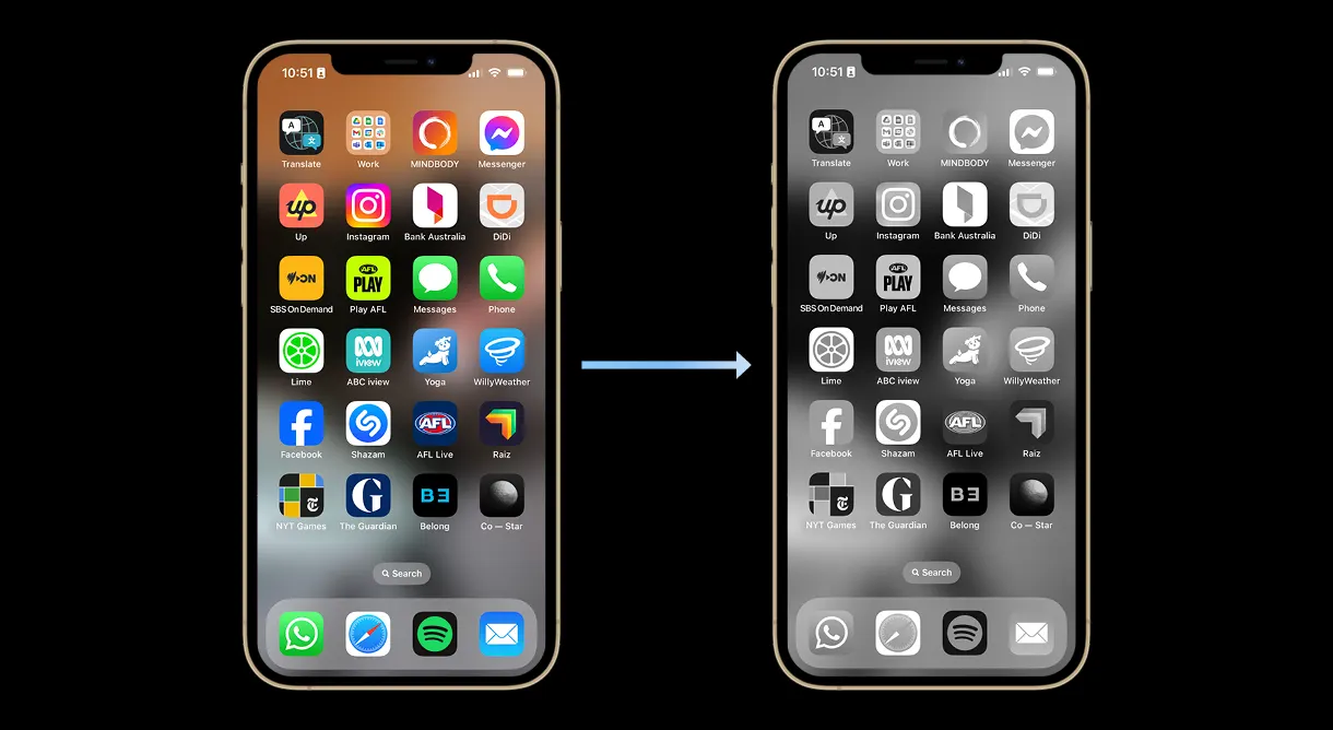 2 phones side by side unlocked showing their home screen, one in colour and one greyscale.