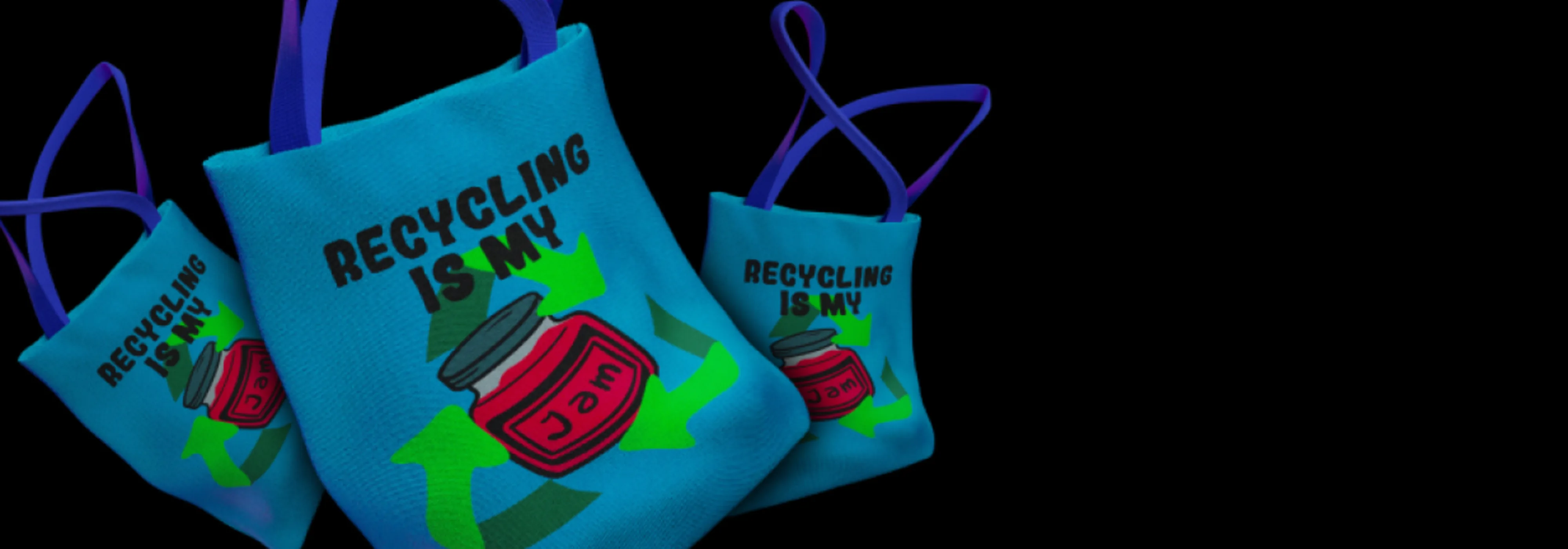 Three blue tote bags, each with text reading 'recycling is my jam'.
