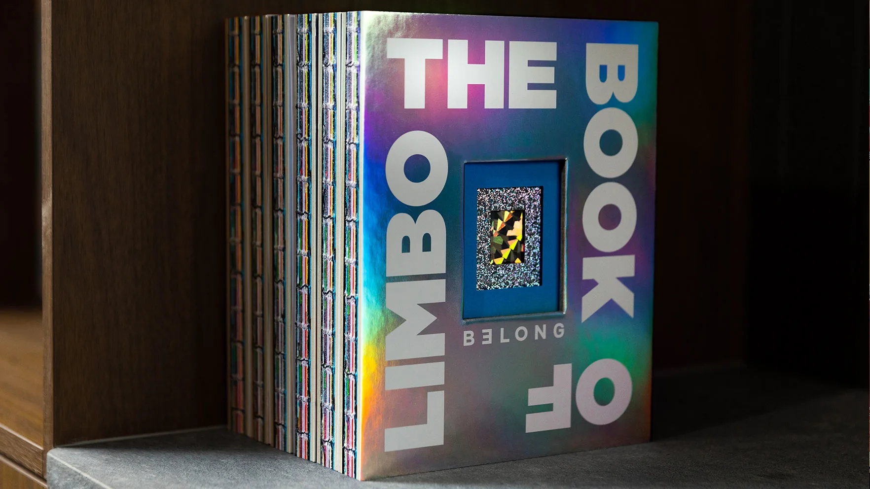 A stack on six copies of the Book Of Limbo on a wooden shelf