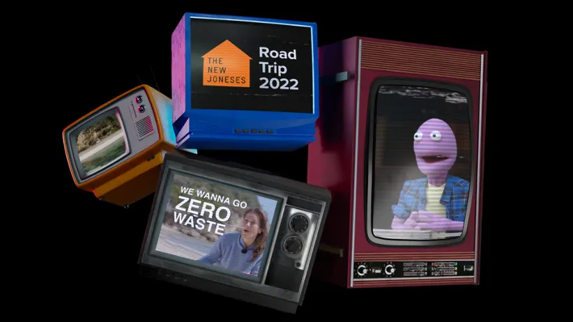 Four retro televisions float on a black background. One shows a beach, another shows the words, ‘We wanna go zero waste’, another shows puppet Randy Feltface. The final TV displays The New Joneses logo with the words, ‘Road Trip Season 2’. 