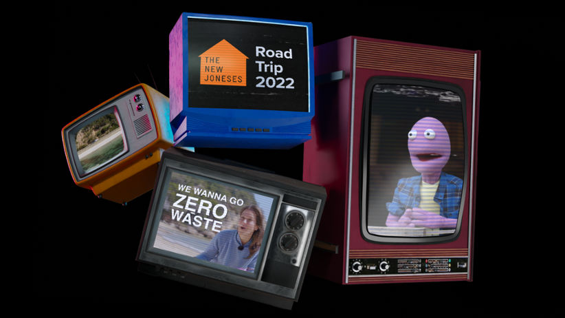 Four retro televisions float on a black background. One shows a beach, another shows the words, ‘We wanna go zero waste’, another shows puppet Randy Feltface. The final TV displays The New Joneses logo with the words, ‘Road Trip Season 2’. 