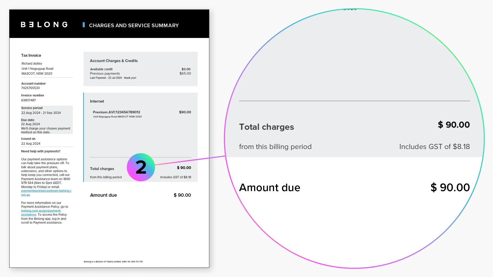 The 2nd section of your Invoice shows the total charges and amount due for the service period.