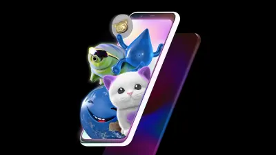 A water drop, cat, smiling Earth, shiny coin and tardigrade in sunglasses float out of a luminous phone screen.