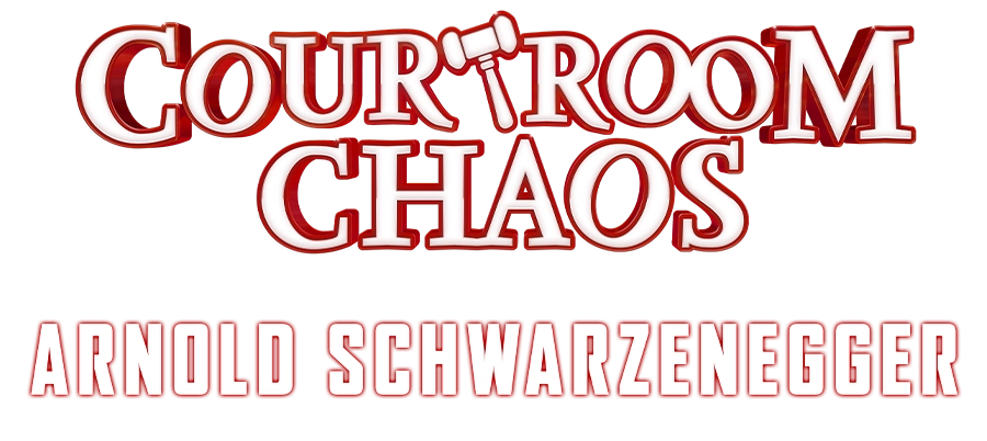 Game logo with text "Courtroom Chaos Starring Arnold Schwarzenegger".