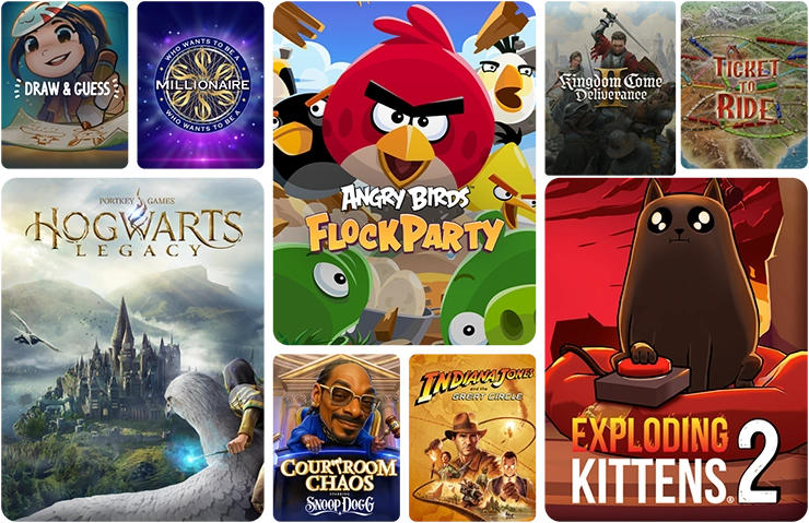 Una colección de miniaturas de videojuegos y entretenimiento como Hogwarts Legacy, Angry Birds, Snoop Dogg's Courtroom Chaos, Indiana Jones y otros títulos populares ordenados en una interfaz de cuadrículas.