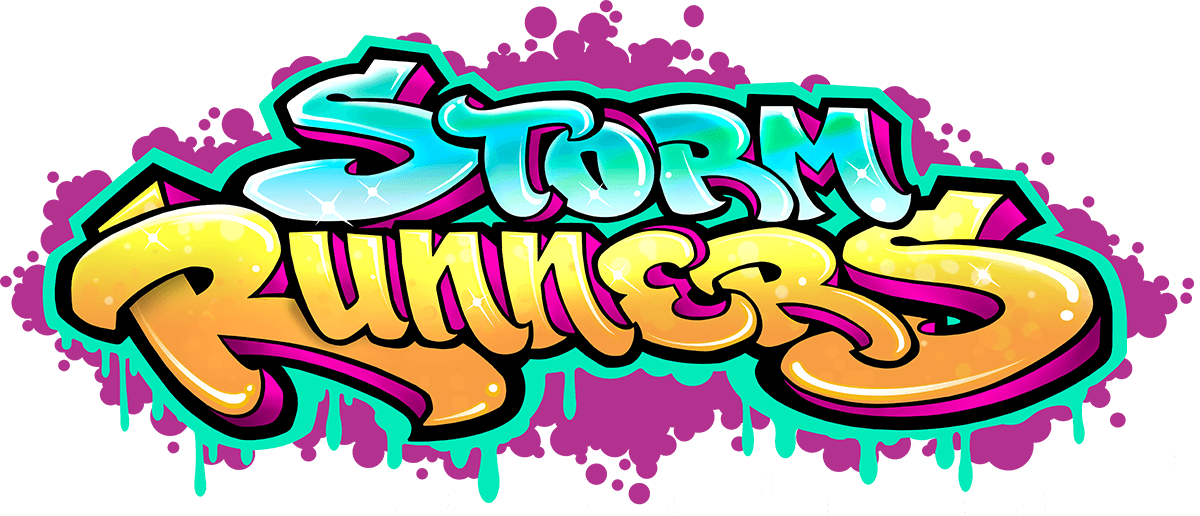 Storm runners logo has dripping paint in bright colors surrounding graffiti style letters