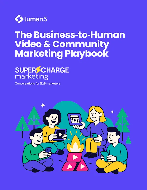 A cozy circle of cartoon enterprise marketers and buyers sitting around a stylized campfire made of glowing video play icons stacked like logs. Everyone is holding their own small device or sharing a video reel, smiling and connecting in a warm, open space.