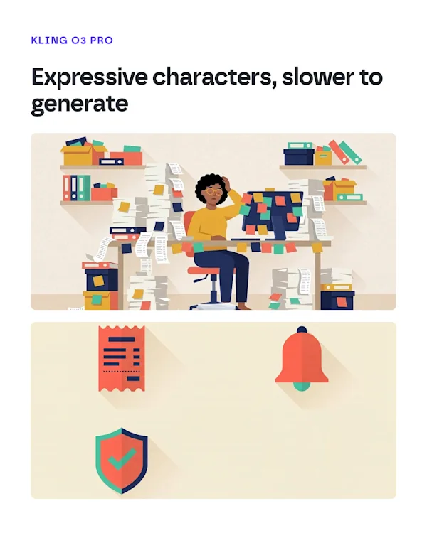 Frames from Kling O3 Pro clips: an illustrated office scene and an icon grid.