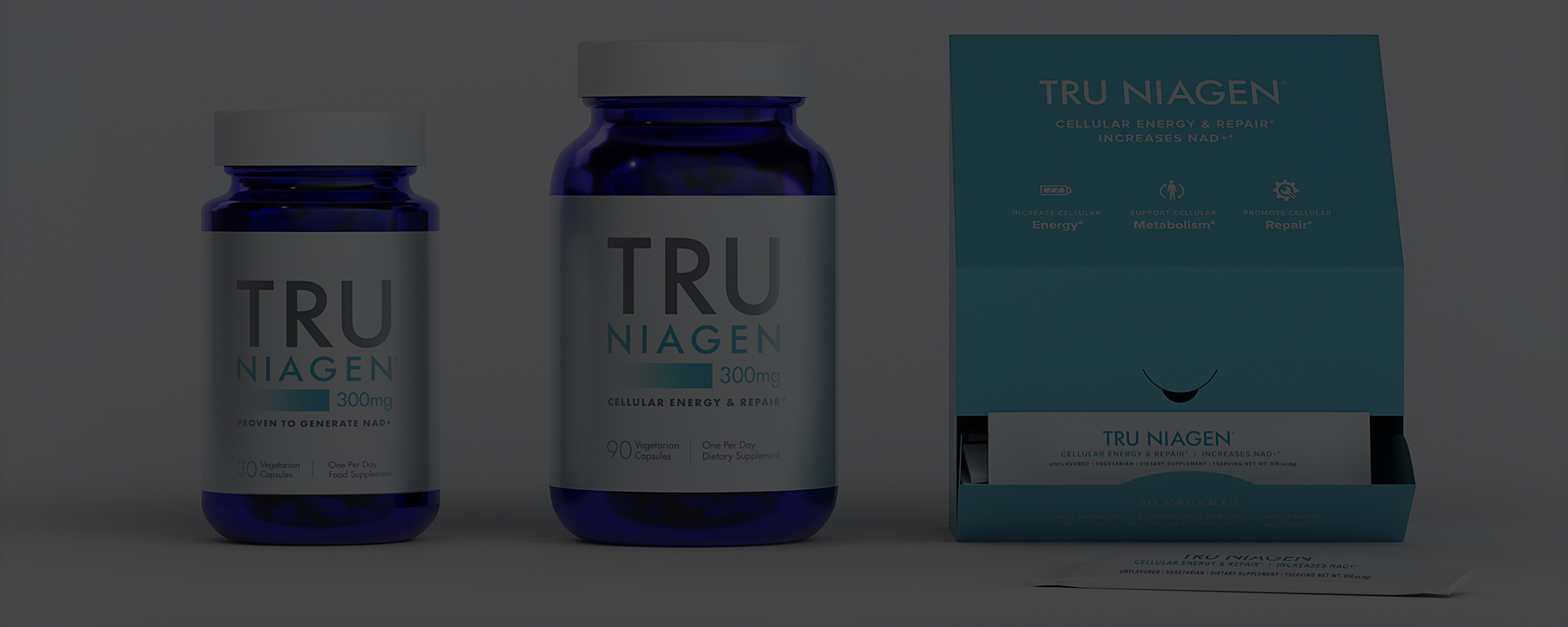 Tru Niagen 300 mg in two bottle sizes and in stick pack form
