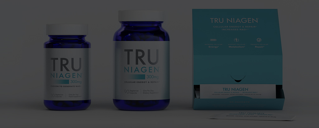 Tru Niagen 300 mg in two bottle sizes and in stick pack form