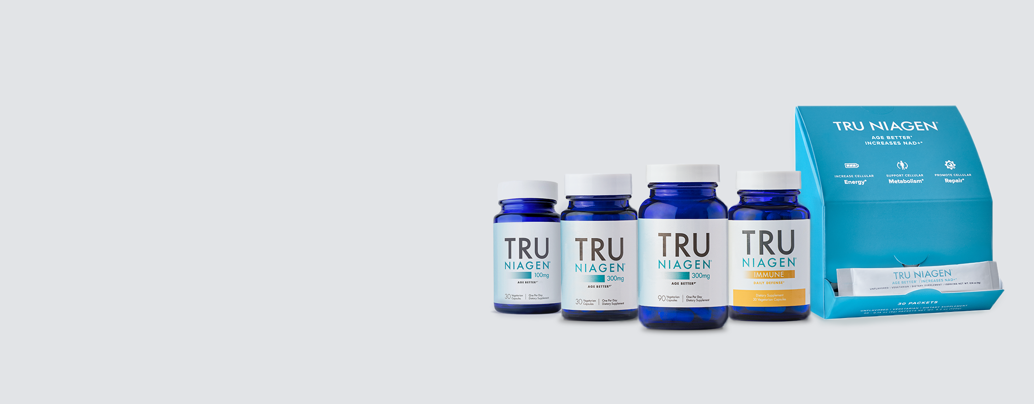 Tru Niagen 300 mg in two bottle sizes and in stick pack form