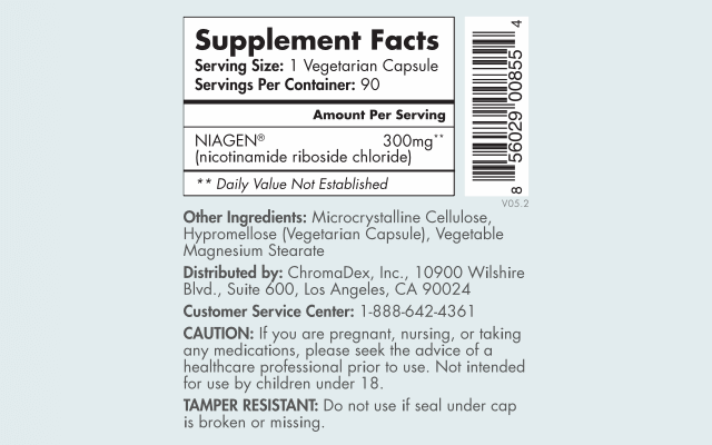 Supplement Facts. Serving Size: 1 Vegetarian Capsule. Servings Per Container: 90. Amount Per Serving: NIAGEN (nicotinamide riboside chloride) 300mg** (Daily Value Not Established). Other Ingredients: Microcystalline Cellulose, Hypromellose (Vegetarian Capsule), Vegetable Magnesium Stearate. Distributed By: Chromadex, Inc. 10900 Wilshire Blvd., Suite 600, Los Angeles, CA 90024. Customer Service Center: 1-888-642-4361. CAUTION: If you are pregnant, nursing, or taking any meditations, please seek the advice of a healthcare professional prior to use. Not intended for use by children under 18. TAMPER RESISTANT: Do not use if seal under cap is broken or missing.