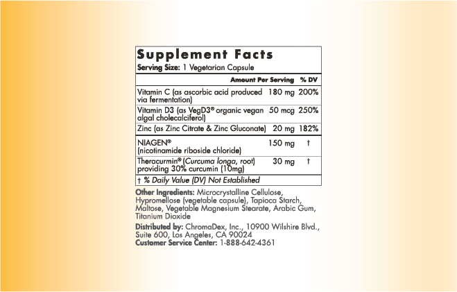 Supplement Facts. Serving Size: 1 Vegetarian Capsule. Amount Per Serving / %DV: Vitamin C (as ascorbic acid produced via fermentation) 180mg / 200%, Vitamin D3 (as VegD3 organic vegan algal chloecalciferol) 50mcg / 250%, Zinc (as Zinc Citrate & Zinc Gluconate) 20 mg / 182%, NIAGEN (nicotinamide riboside chloride) 150mg Daily Value (DV) Not Established, Theracurmin (Curcuma long, root) providing 30% curcumin (10mg) 30mg Daily Value (DV) Not Established. Other Ingredients: Microcystalline Cellulose, Hypromellose (Vegetarian Capsule), Tapioca Starch, Maltose, Vegetable Magnesium Stearate, Arabic Gum, Titanium Dioxide. Distributed By: Chromadex, Inc. 10900 Wilshire Blvd., Suite 600, Los Angeles, CA 90024. Customer Service Center: 1-888-642-4361.