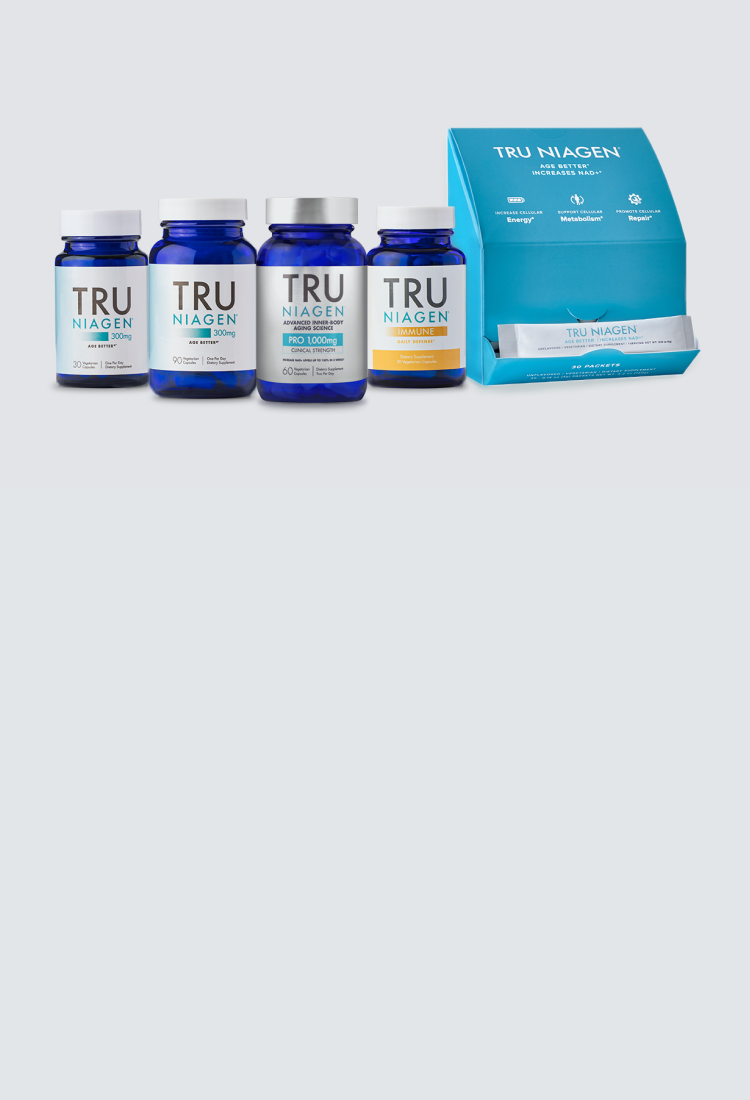 Tru Niagen 300 mg in two bottle sizes and in stick pack form